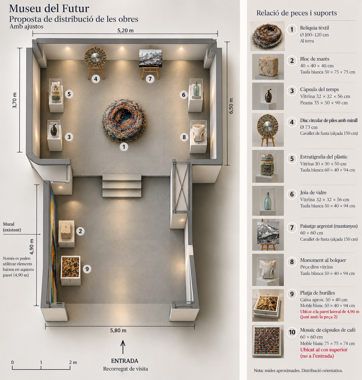Proposta de distribució del Museu de Residus del Futur amb recorregut i relació de peces