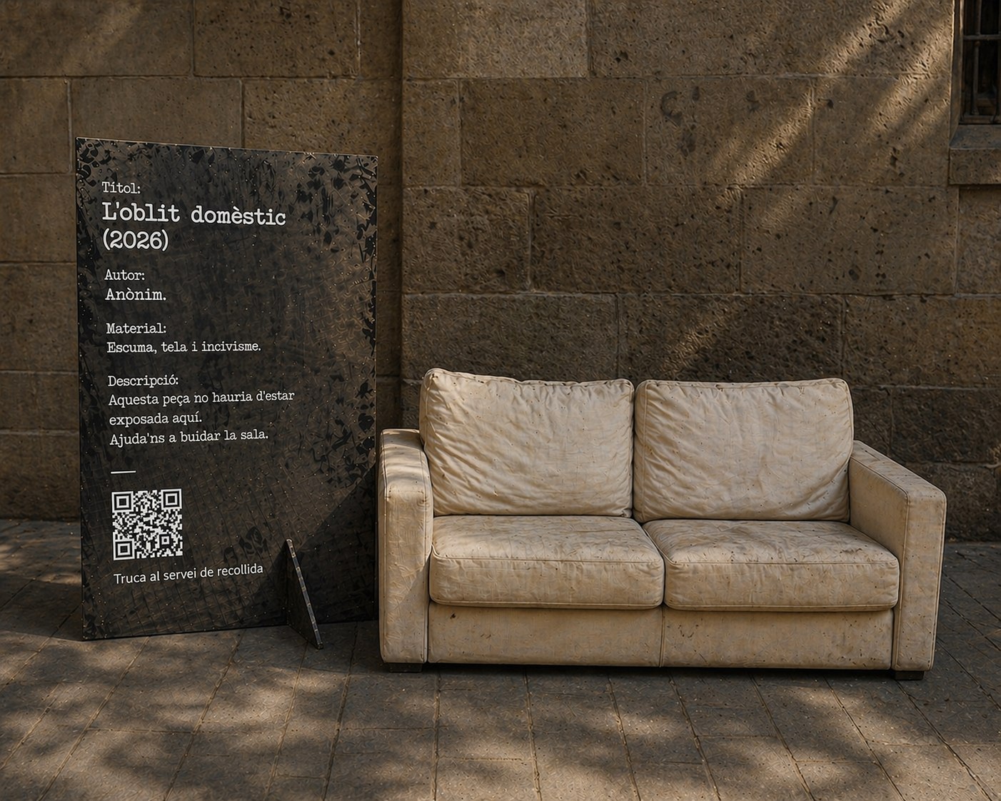 Material visual d’El sofà abandonat, amb un sofà i un plafó de sensibilització